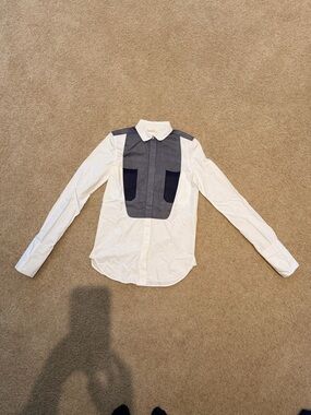 Celine White Button-Up Shirt with Blue Bib and Blue Pocket Panels